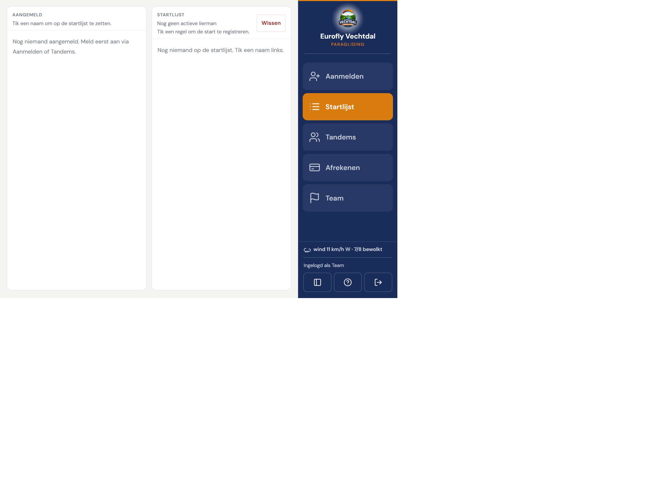 Startlijst in landscape met tabs rechts