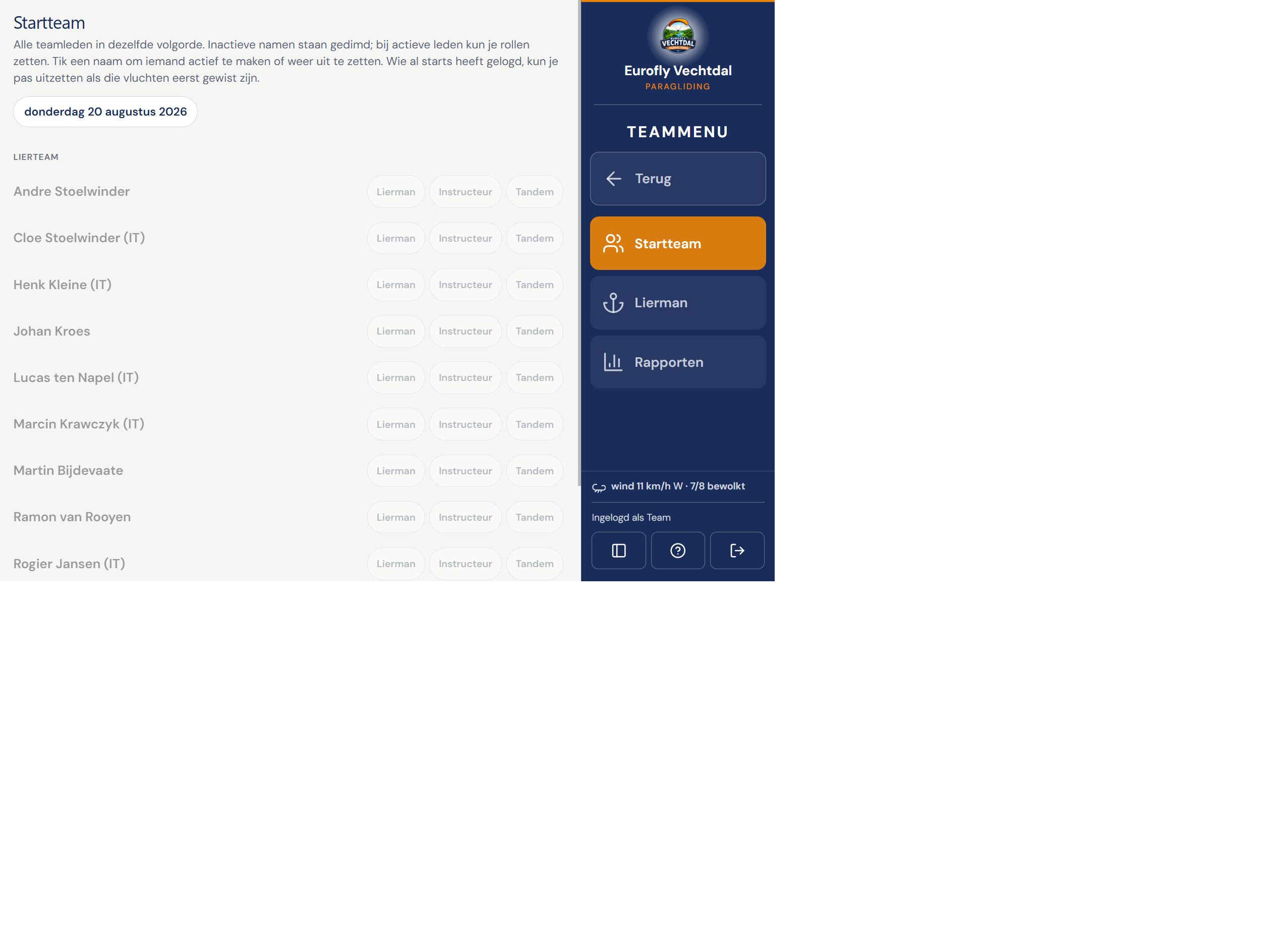 Teammenu met Startteam