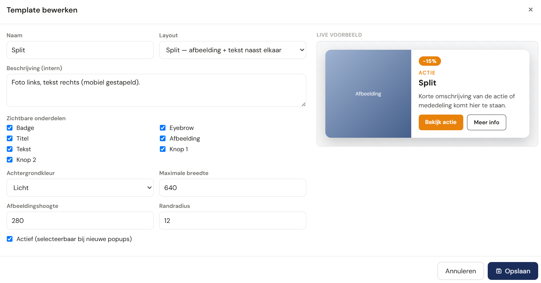 Templates-tab — lijst met Bewerken / Dupliceren